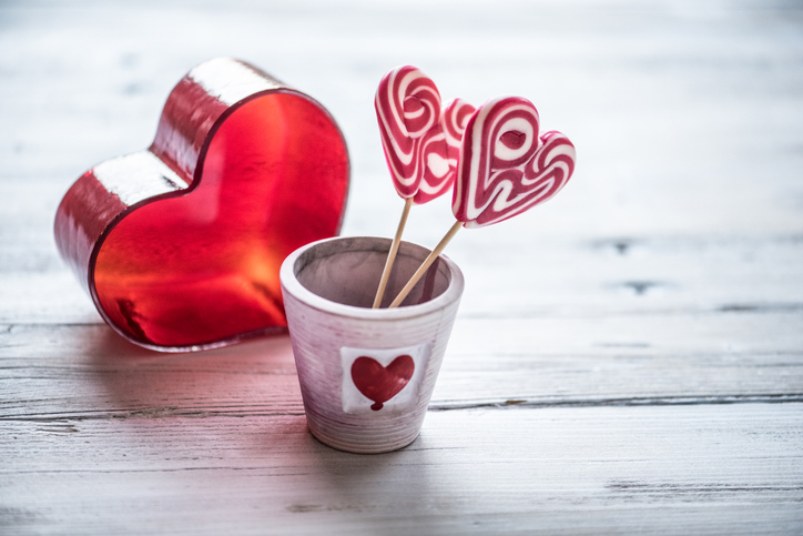 Playing Hearts on White Wooden Background, Valentine´s Day Concept