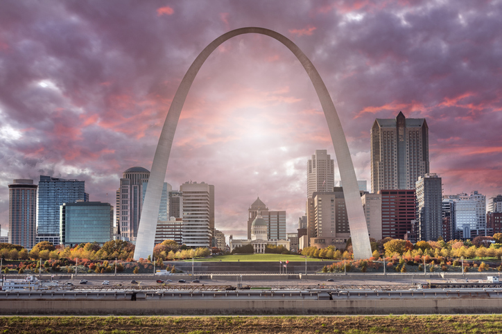 St. Louis Missouri downtown city skyline view and the Gateway Arch over the Mississippi River