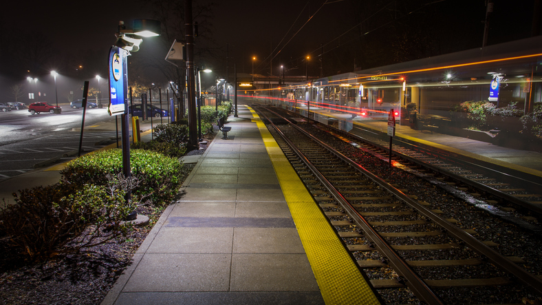 An Empty Light Rail Stop in Baltimore on a Misty Night