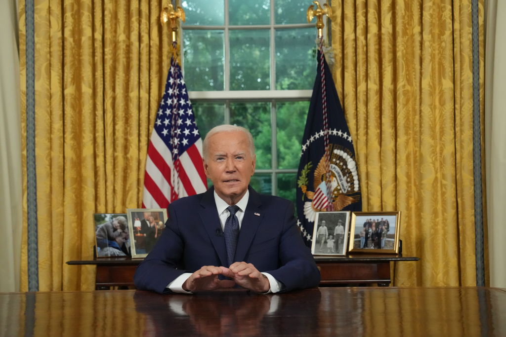 President Biden Addresses The Nation From The White House Oval Office