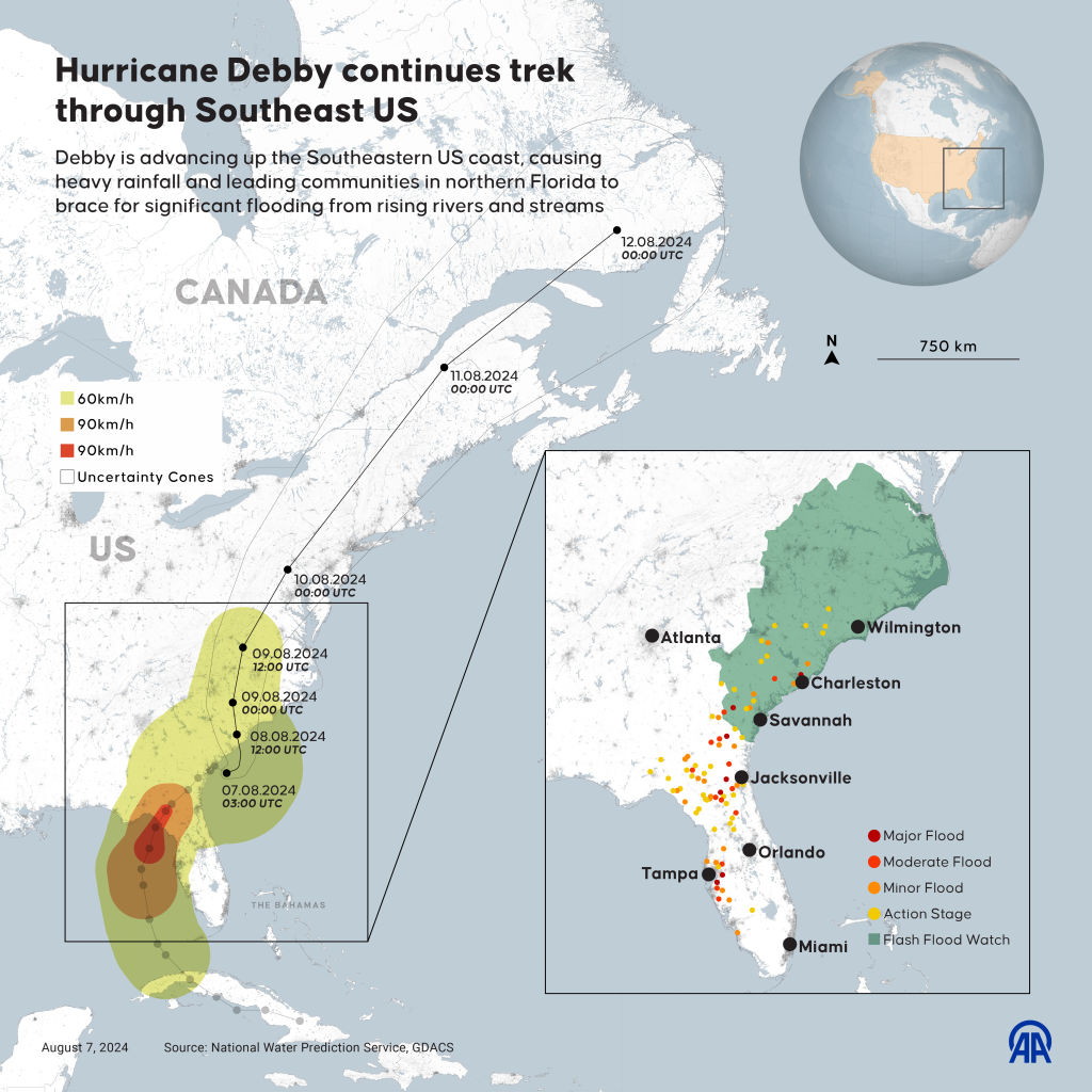Hurricane Debby continues trek through Southeast US