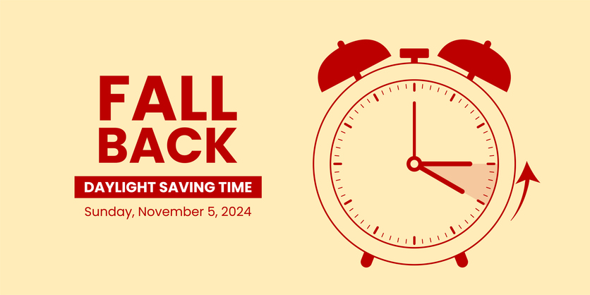 Fall back. Daylight saving time ends banner with alarm clock turning back one hour. Vector