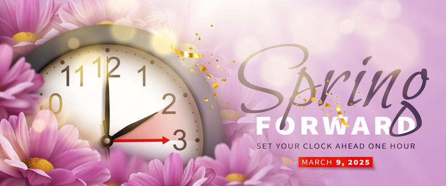 Spring Forward. Daylight saving time banner with wall clock