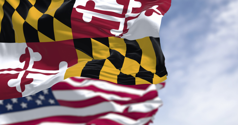 Maryland and American flags waving together with coat of arms design. 3D render